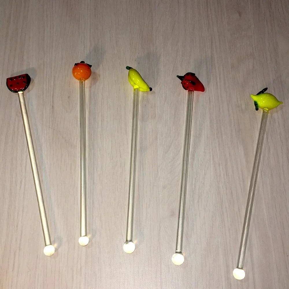 Set of 5 Hand Blown Glass Fruit Theme Swizzle Sticks for Home Bar Tropical Drink